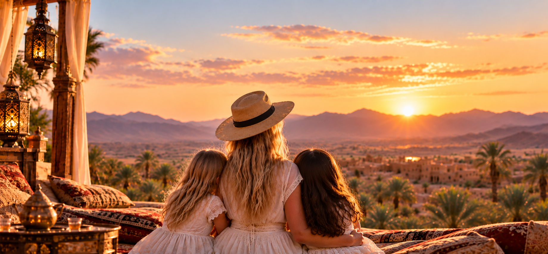 Maman avec ses deux filles au Maroc au coucher du soleil